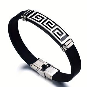 Men’s Grecian Key Design Stainless Steel & Silicone Bracelet in Silver & Black